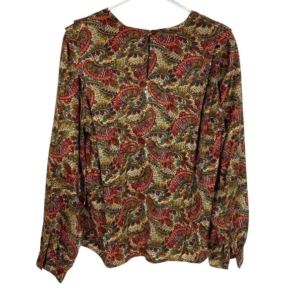 Vintage 90s Paisley Blouse Size 12 Large Grannycore Womens Gold Long Sleeve - Picture 2 of 12